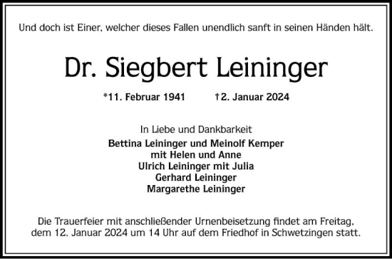 Traueranzeige von Siegbert Leininger von Schwetzinger Zeitung