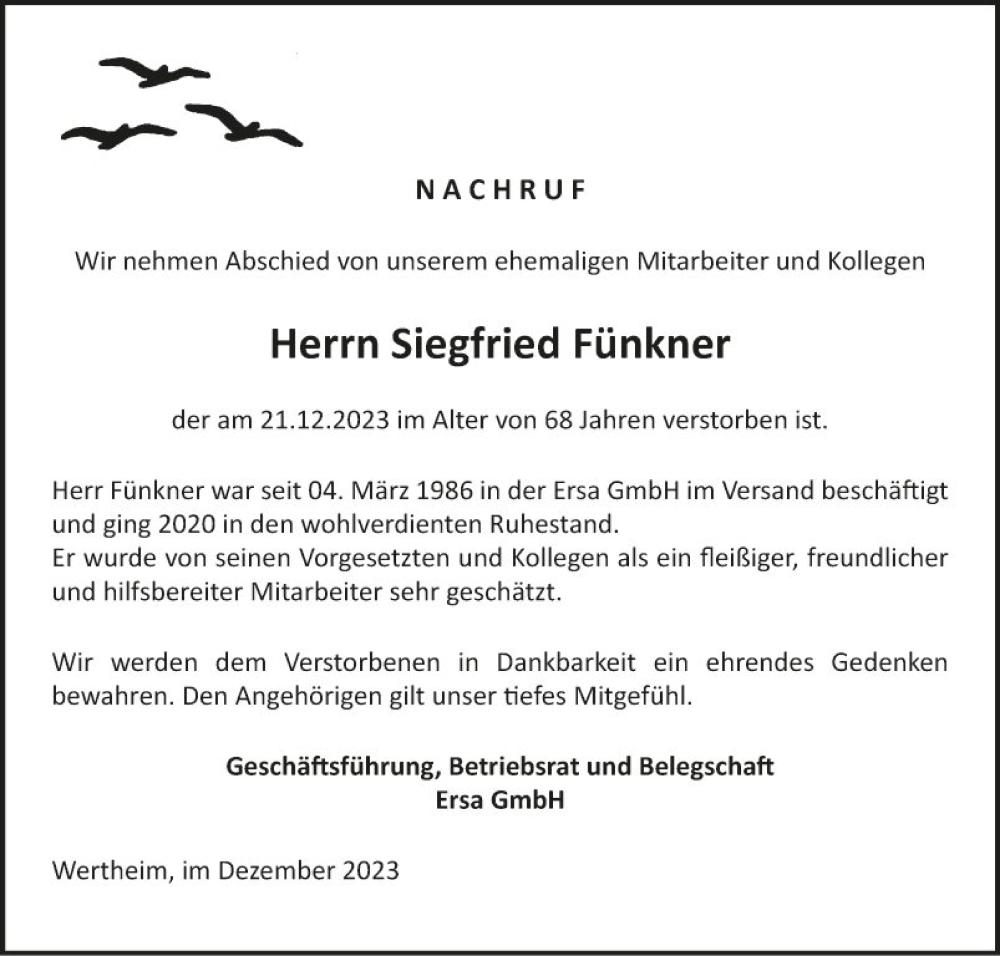  Traueranzeige für Siegfried Fünkner vom 05.01.2024 aus Fränkische Nachrichten