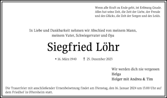 Traueranzeige von Siegfried Löhr von Schwetzinger Zeitung