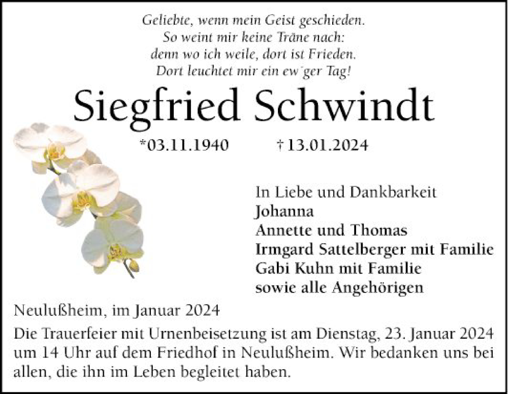  Traueranzeige für Siegfried Schwindt vom 20.01.2024 aus Schwetzinger Zeitung