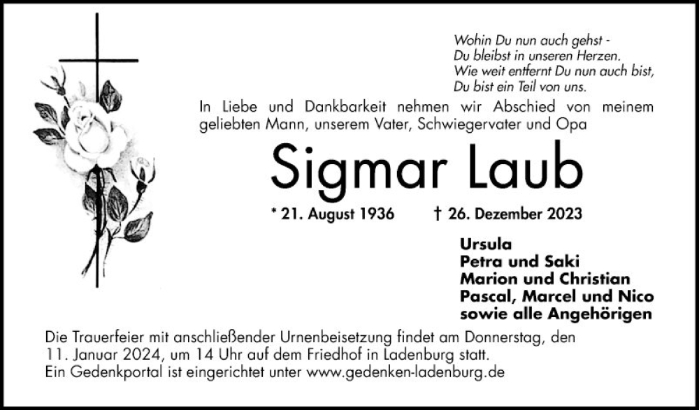  Traueranzeige für Sigmar Laub vom 05.01.2024 aus Mannheimer Morgen