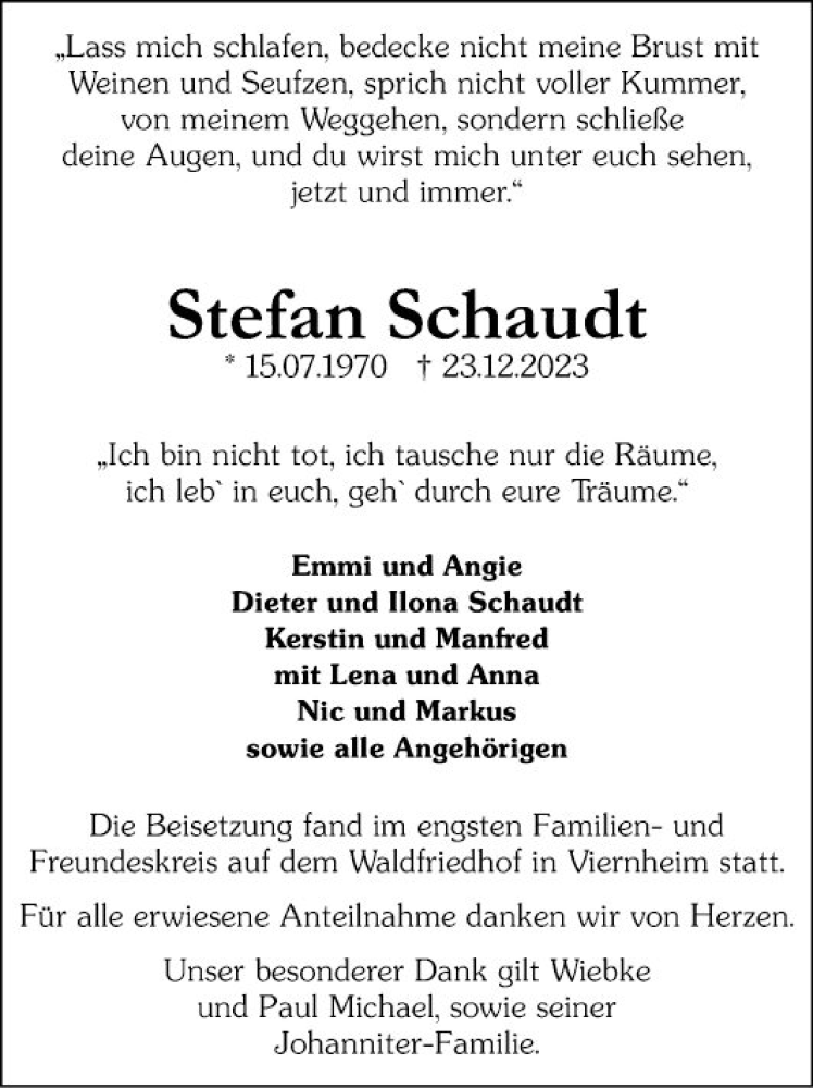  Traueranzeige für Stefan Schaudt vom 07.01.2024 aus Mannheimer Morgen