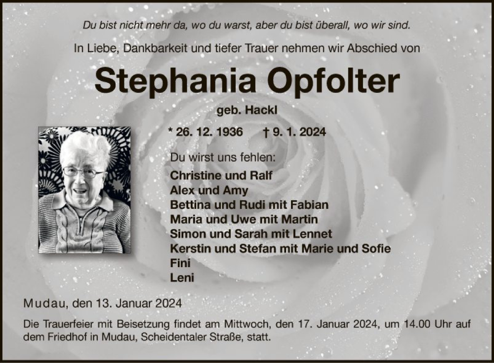  Traueranzeige für Stephania Opfolter vom 13.01.2024 aus Fränkische Nachrichten