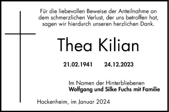 Traueranzeige von Thea Kilian von Schwetzinger Zeitung