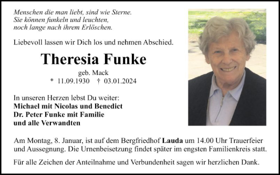 Traueranzeige von Theresia Funke von Fränkische Nachrichten