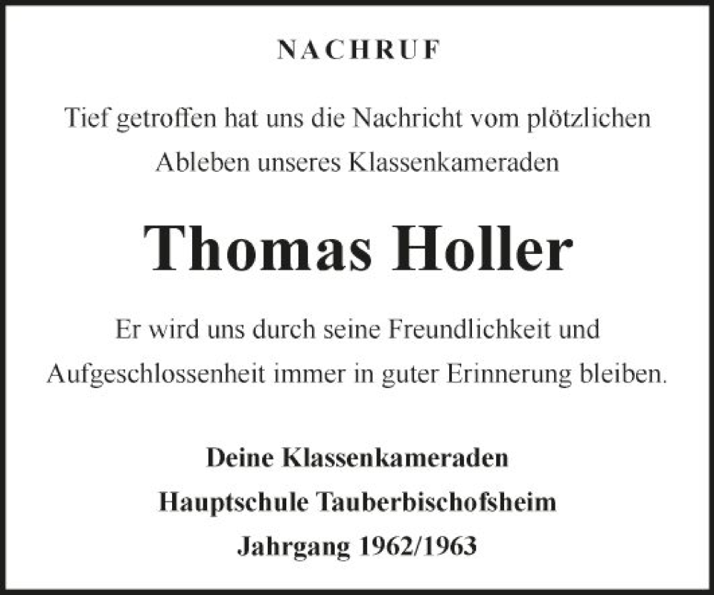  Traueranzeige für Thomas Holler vom 18.01.2024 aus Fränkische Nachrichten