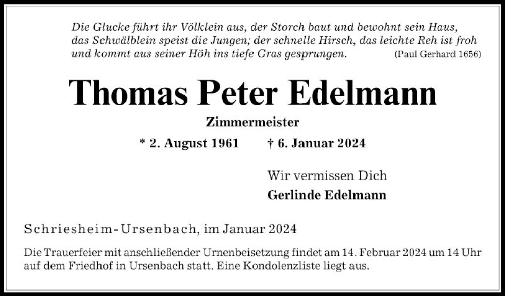  Traueranzeige für Thomas Peter Edelmann vom 27.01.2024 aus Mannheimer Morgen