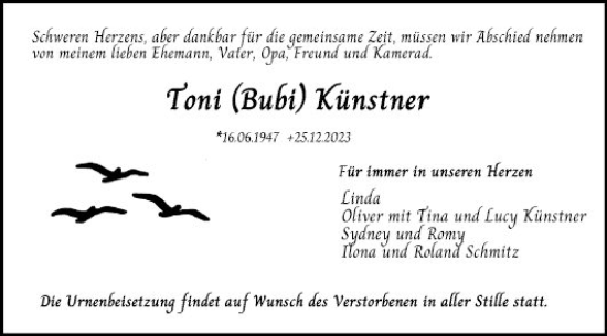 Traueranzeige von Toni Künstner von Mannheimer Morgen