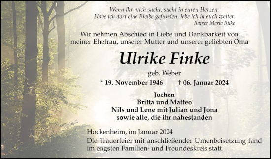 Traueranzeige von Ulrike Finke von Schwetzinger Zeitung
