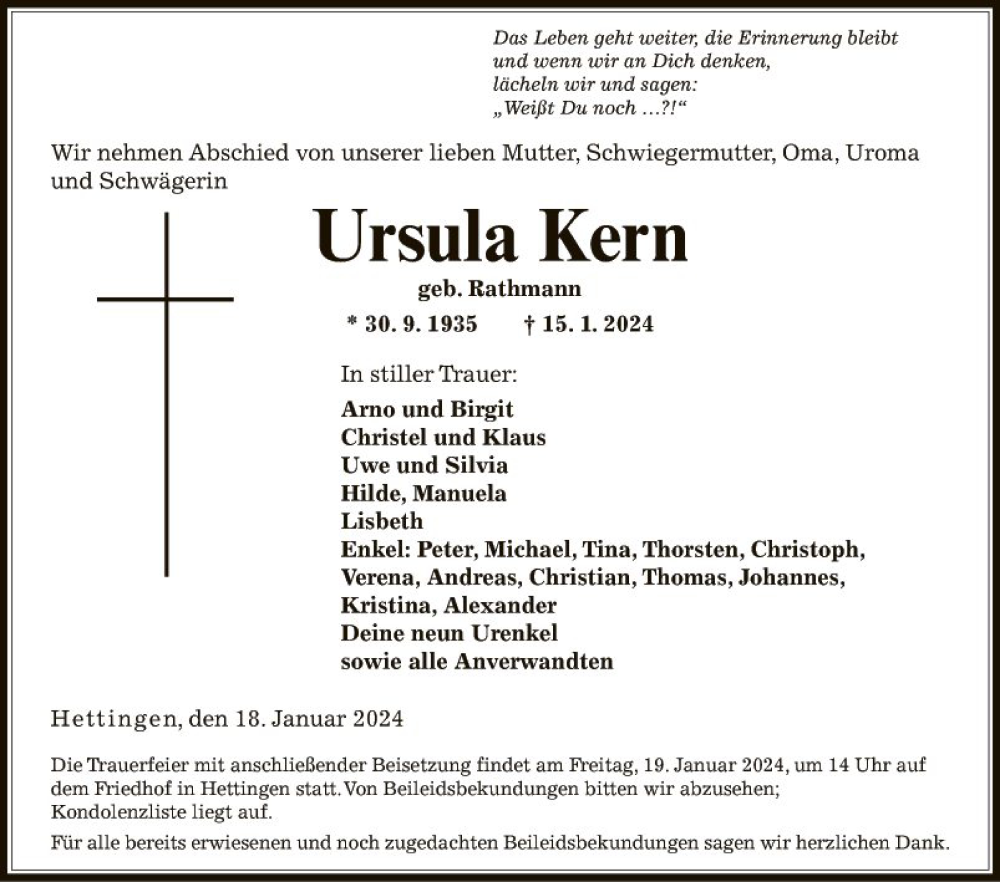  Traueranzeige für Ursula Kern vom 18.01.2024 aus Fränkische Nachrichten
