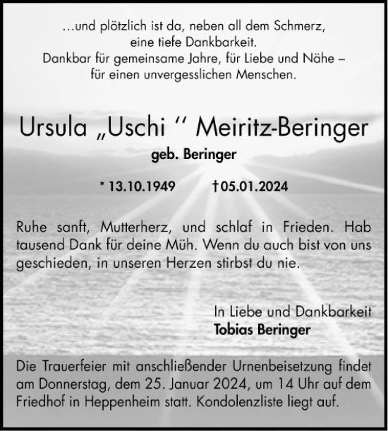 Traueranzeige von Ursula Meiritz-Beringer von Bergsträßer Anzeiger