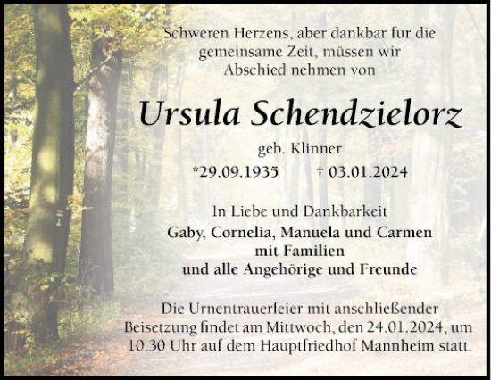 Traueranzeige von Ursula Schendzielorz von Mannheimer Morgen