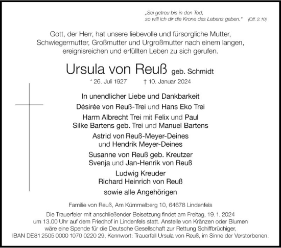 Traueranzeige von Ursula von Reuß von Bergsträßer Anzeiger