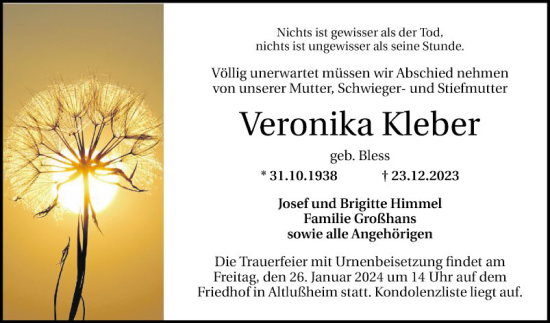 Traueranzeige von Veronika Kleber von Schwetzinger Zeitung