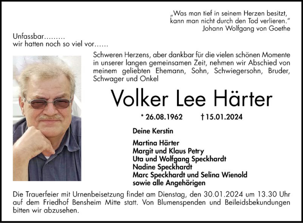  Traueranzeige für Volker Lee Härter vom 27.01.2024 aus Bergsträßer Anzeiger