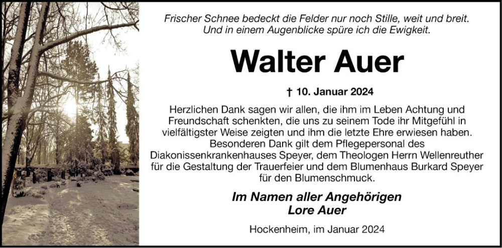  Traueranzeige für Walter Auer vom 27.01.2024 aus Schwetzinger Zeitung