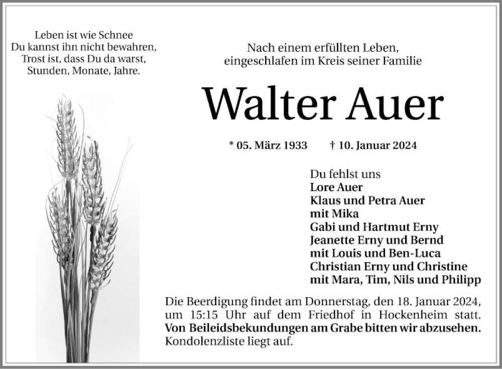  Traueranzeige für Walter Auer vom 16.01.2024 aus Schwetzinger Zeitung