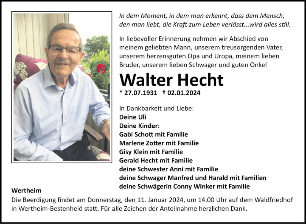  Traueranzeige für Walter Hecht vom 08.01.2024 aus Fränkische Nachrichten