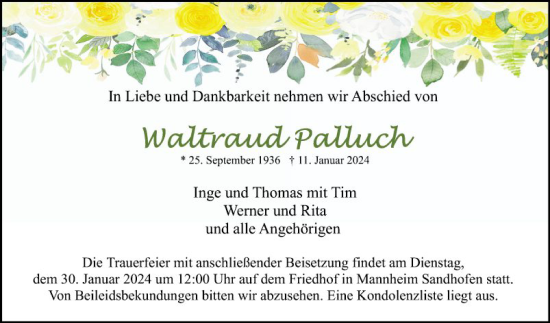 Traueranzeige von Waltraud Palluch von Mannheimer Morgen