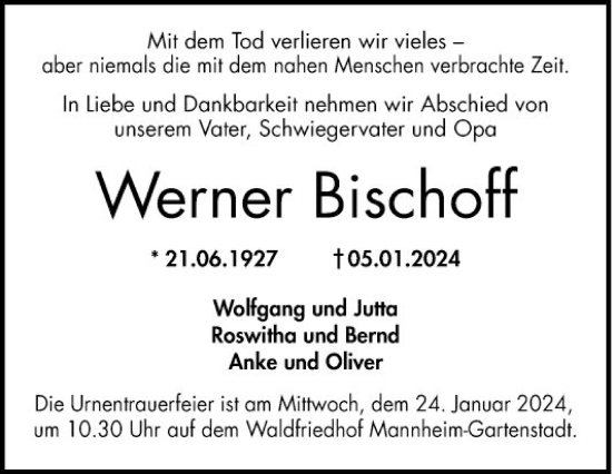 Traueranzeige von Werner Bischoff von Mannheimer Morgen