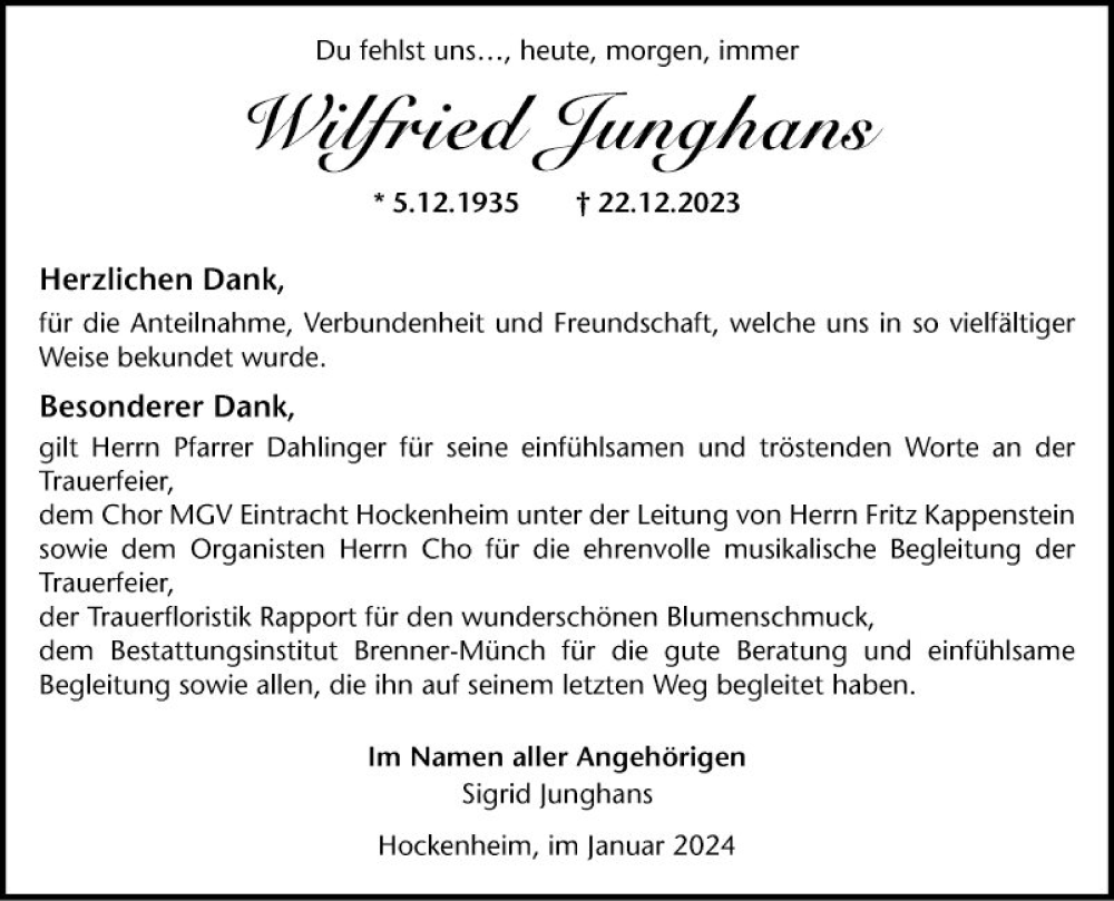  Traueranzeige für Wilfried Junghans vom 31.01.2024 aus Schwetzinger Zeitung