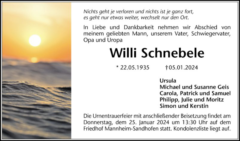  Traueranzeige für Willi Schnebele vom 20.01.2024 aus Mannheimer Morgen