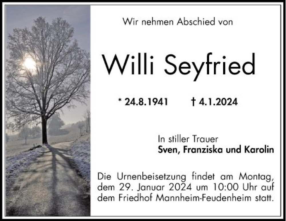  Traueranzeige für Willi Seyfried vom 19.01.2024 aus Mannheimer Morgen