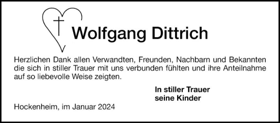 Traueranzeige von Wolfgang Dittrich von Schwetzinger Zeitung