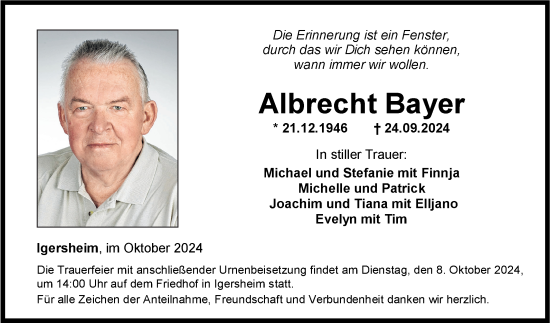 Traueranzeige von Albrecht Bayer von Fränkische Nachrichten