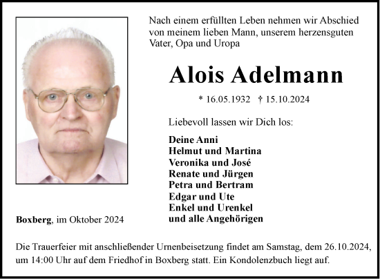 Traueranzeige von Alois Adelmann von Fränkische Nachrichten