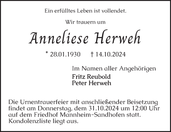 Traueranzeige von Anneliese Herweh von Mannheimer Morgen