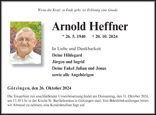 Traueranzeige von Arnold Heffner von Fränkische Nachrichten