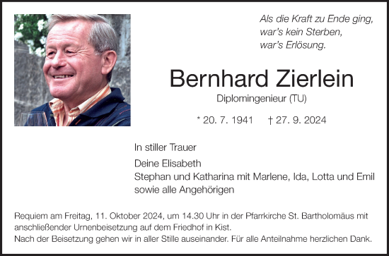 Traueranzeige von Bernhard Zierlein von Fränkische Nachrichten