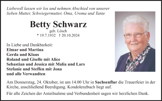 Traueranzeige von Betty Schwarz von Fränkische Nachrichten