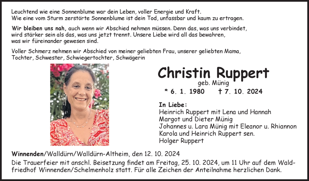  Traueranzeige für Christin Ruppert vom 12.10.2024 aus Fränkische Nachrichten