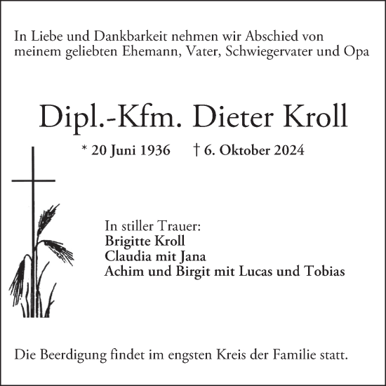 Traueranzeige von Dieter Kroll von Mannheimer Morgen