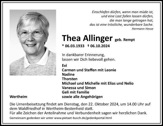 Traueranzeige von Dorothea Allinger von Fränkische Nachrichten