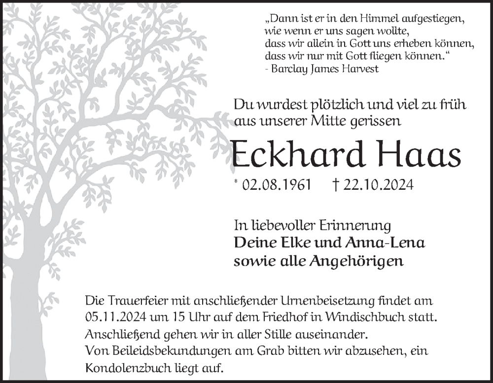  Traueranzeige für Eckhard Haas vom 31.10.2024 aus Fränkische Nachrichten