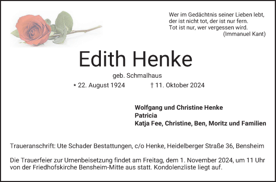 Traueranzeige von Edith Henke von Bergsträßer Anzeiger