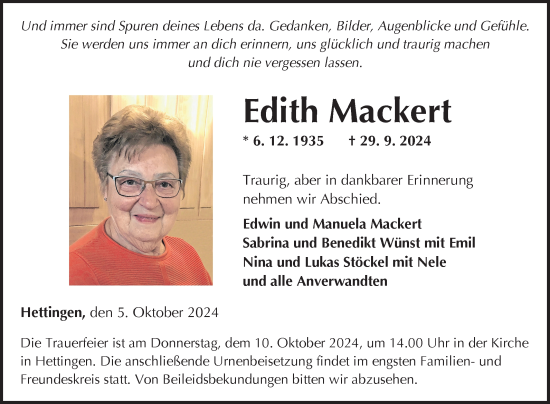 Traueranzeige von Edith Mackert von Fränkische Nachrichten