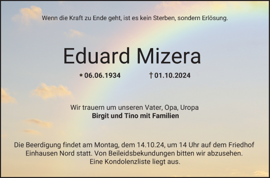 Traueranzeige von Eduard Mizera von Bergsträßer Anzeiger