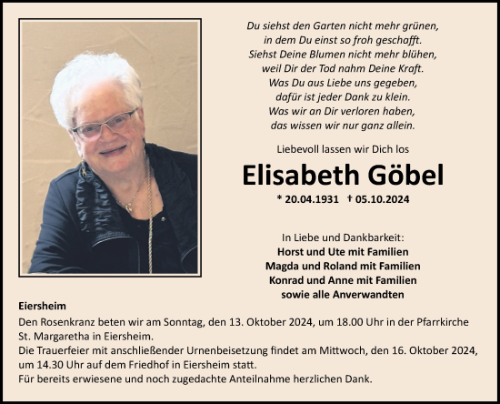 Traueranzeige von Elisabeth Göbel von Fränkische Nachrichten