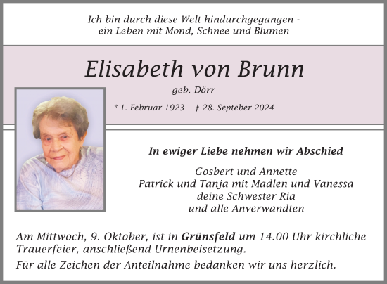 Traueranzeige von Elisabeth von Brunn von Fränkische Nachrichten