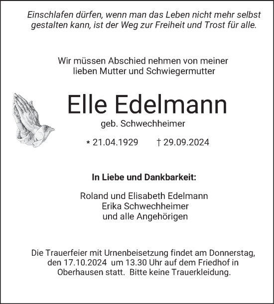 Traueranzeige von Elle Edelmann von Schwetzinger Zeitung