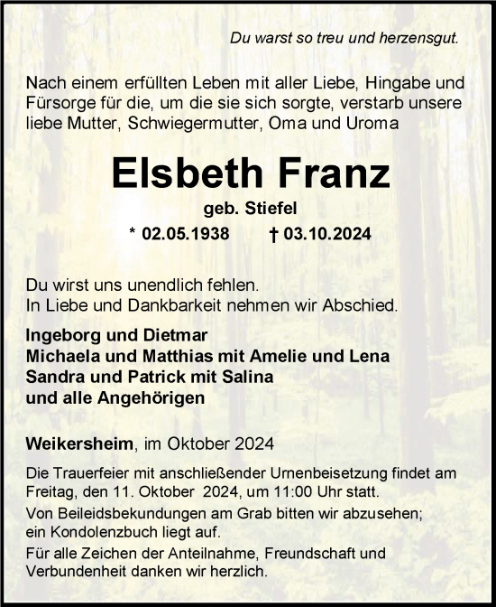 Traueranzeige von Elsbeth Franz von Fränkische Nachrichten