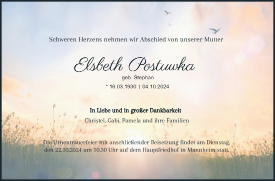 Traueranzeige von Elsbeth Postuwka von Mannheimer Morgen