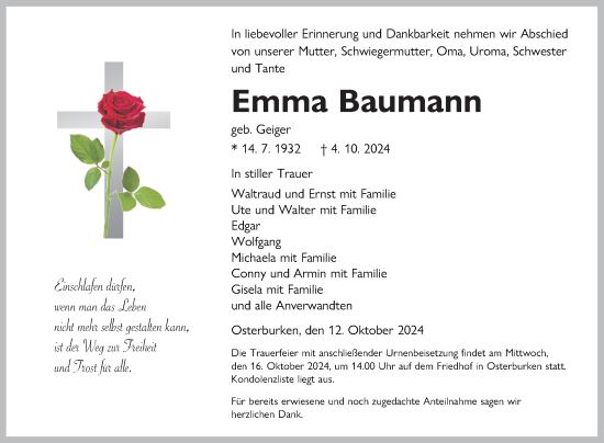 Traueranzeige von Emma Baumann von Fränkische Nachrichten