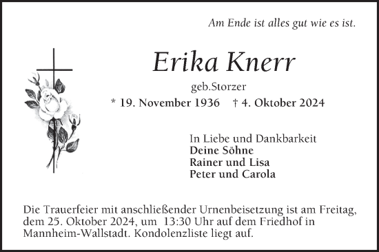 Traueranzeige von Erika Knerr von Mannheimer Morgen