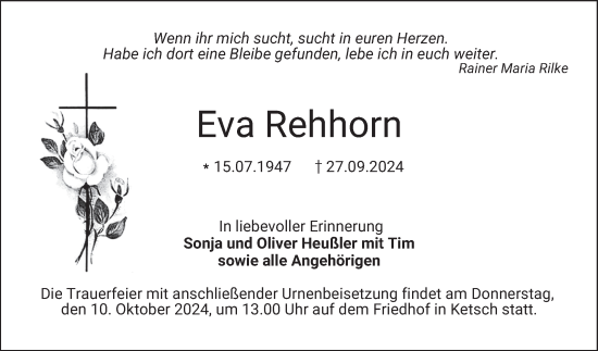 Traueranzeige von Eva Rehhorn von Schwetzinger Zeitung