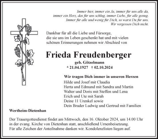 Traueranzeige von Frieda Freudenberger von Fränkische Nachrichten